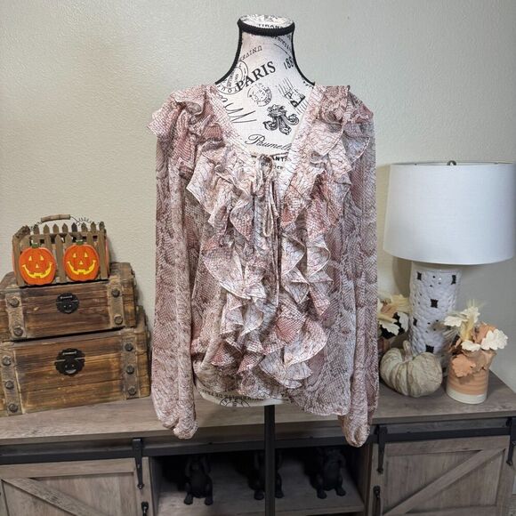 Anthropologie Snake Print Ruffled V Neck Long Sleeve Blouse Sz M Classic Boho - Picture 2 of 10